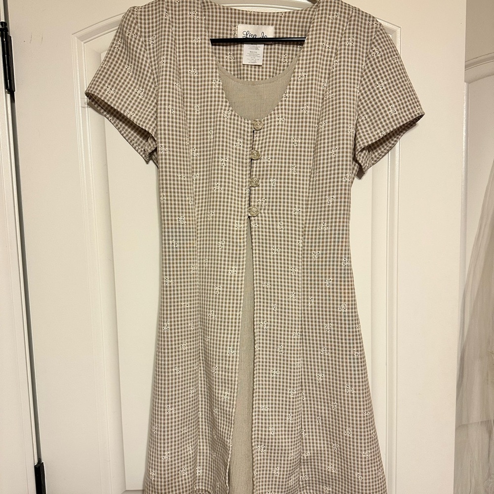 Liz Claiborne Beige Gingham Short-Sleeve A-Line Dress